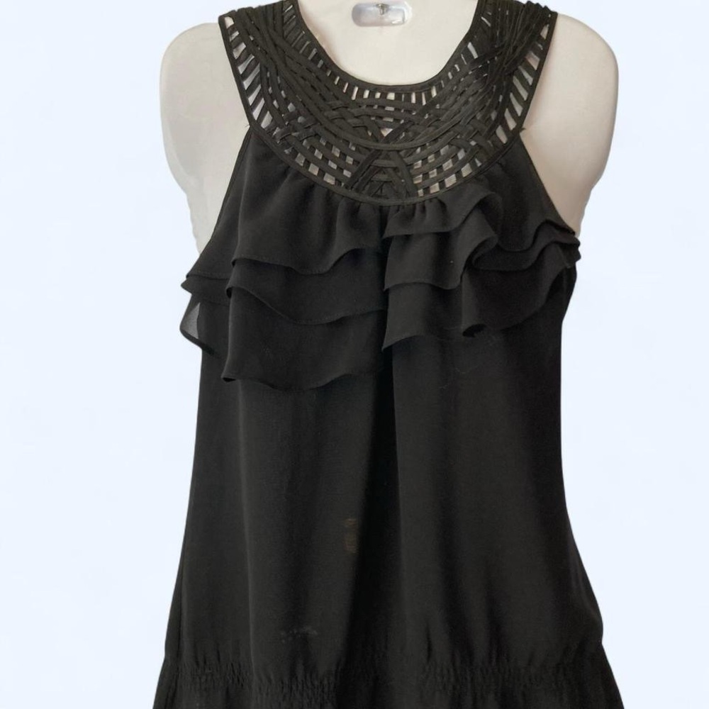 White House Black Market Black Ruffled Sleeveless Blouse M